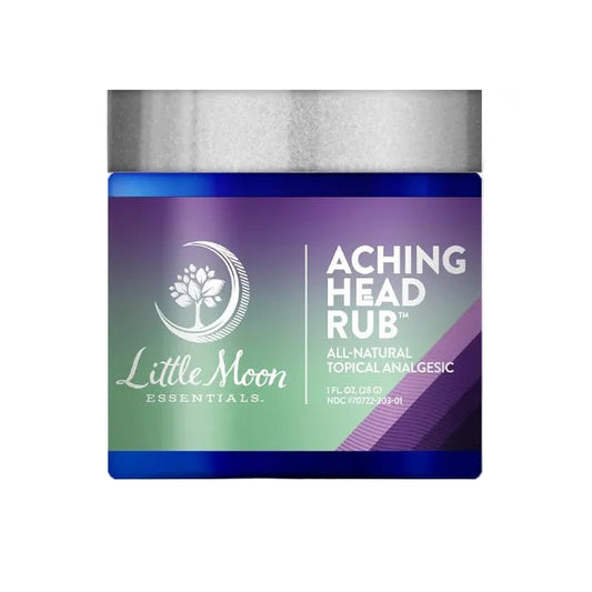 A blue and green jar of Little Moon Essentials Topical Analgesic, Aching Head Rub (1 FL OZ) features a silver lid and displays a white tree logo on the left side.