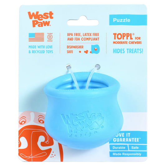 The product is a blue West Paw Treat Dispenser Dog Toy for promoting healthy, slow eating. Its a small puzzle toy thats BPA and latex-free, FDA compliant, dishwasher safe, made with love and recycled toys. Its durable with packaging featuring a dogs face image.