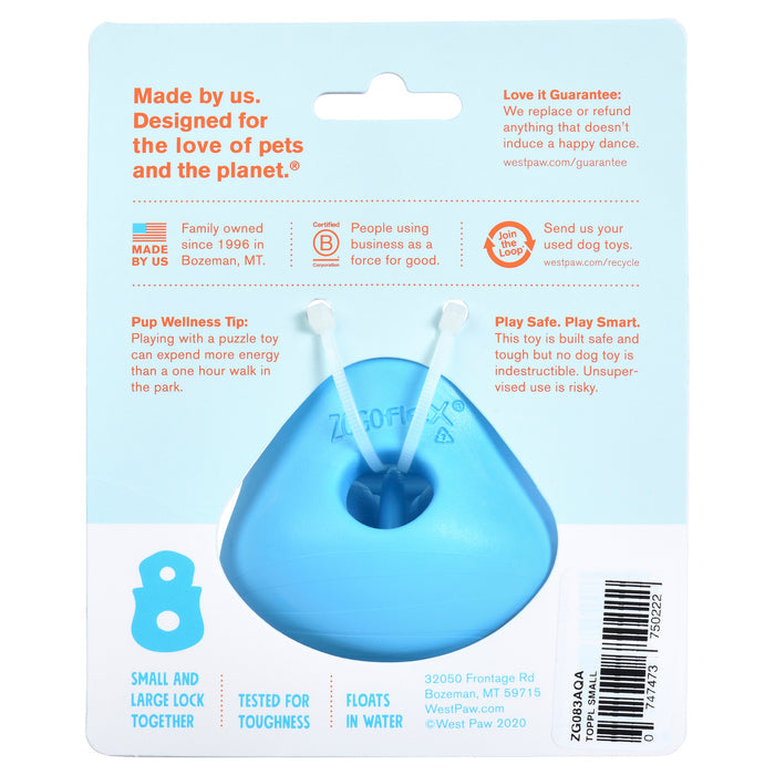 West Paws Treat Dispenser Dog Toy, in eco-friendly packaging, promotes safe play with a durable design and includes a wellness tip on the benefits of pet interaction. Ideal for your next dog puzzle toy purchase and supports businesses as a force for good.