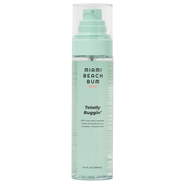 Miami Beach Bums Totally Buggin natural insect repellent comes in a clear 3.4 fl oz (100 ml) bottle with light green liquid and a matching cap. It contains sunflower oil and citronella, and is DEET-free.