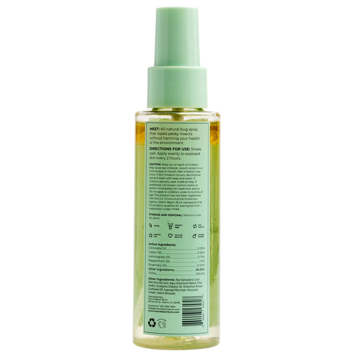 The Totally Buggin spray by Miami Beach Bum comes in a clear bottle with a green cap, containing a pH-balanced formula. Instructions and ingredients are printed on the back label, while recycling symbols are found on the base.