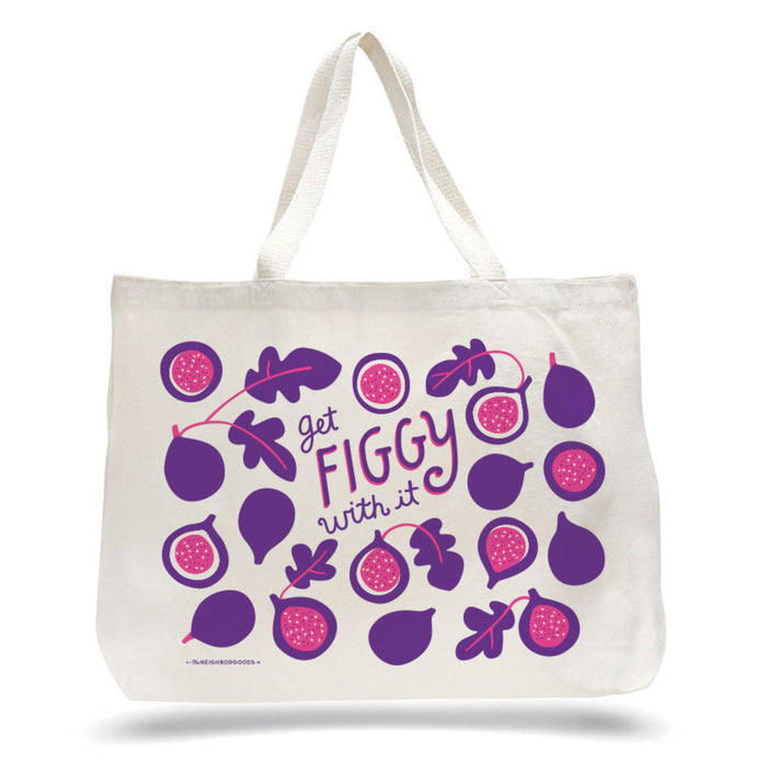 The Neighborgoods Tote Bag is an eco-friendly, durable white cotton canvas tote featuring playful Get Figgy with it text amidst vibrant purple figs, pink illustrations, and green leaves. Perfect for everyday use or as a gift.