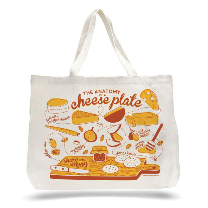 The Neighborgoods Tote Bag is made from durable canvas and decorated with a diagram titled The Anatomy of a Cheese Plate, featuring creative illustrations and playful labels of cheeses, crackers, fruit, condiments, and a cutting board graphic.