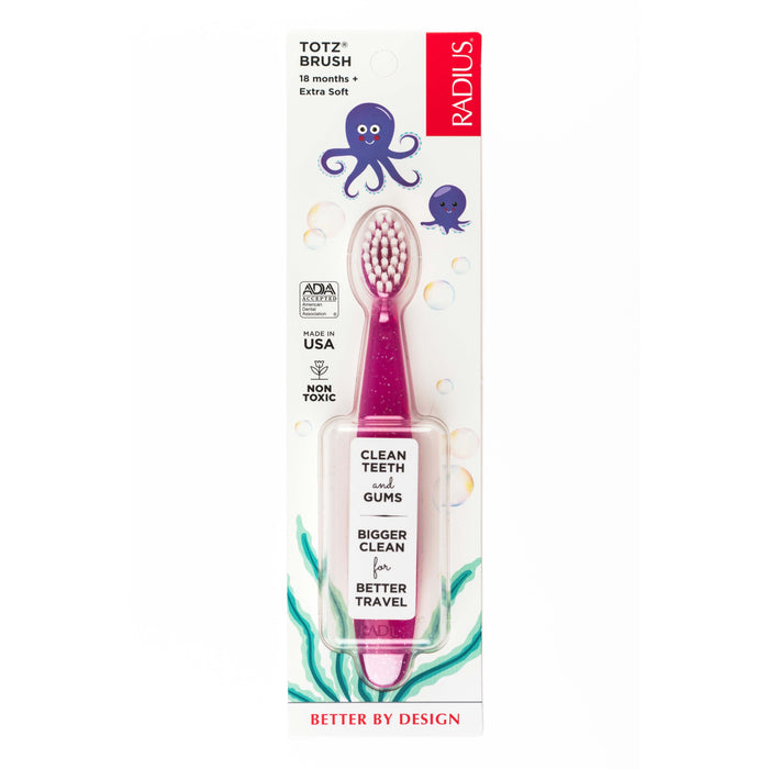 The Radius Totz Toothbrush 18 mo+ is an extra soft, BPA-free toddler toothbrush in pink with an octopus and seaweed design. Made in the USA, its perfect for kids 18 months and up.