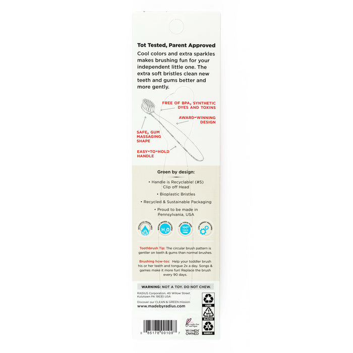 Back of the Radius Totz Toothbrush 18 mo+ package displays features of the BPA-free toddler toothbrush, including a product diagram, safety info, recyclable handle materials, and care instructions on a white background.