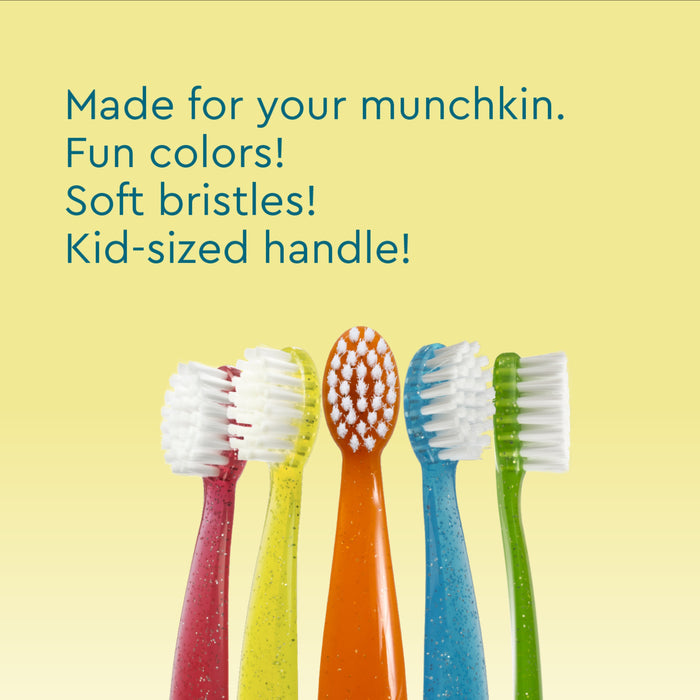 Five Totz Toothbrushes by Radius for ages 18 mo+ stand upright against a yellow background. Text reads: Made for your munchkin. Fun colors! Kid-sized handle! BPA-free toothbrush for safe brushing.