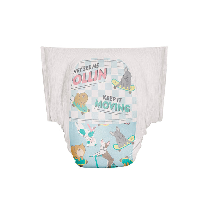 The Honest Companys Training Pants - 3T/4T feature a light blue checkered pattern with colorful animal illustrations like bears and rabbits on scooters. They include phrases like Hey See Me Rollin and Keep It Moving and have an absorbent core, making them perfect for potty-training your child.