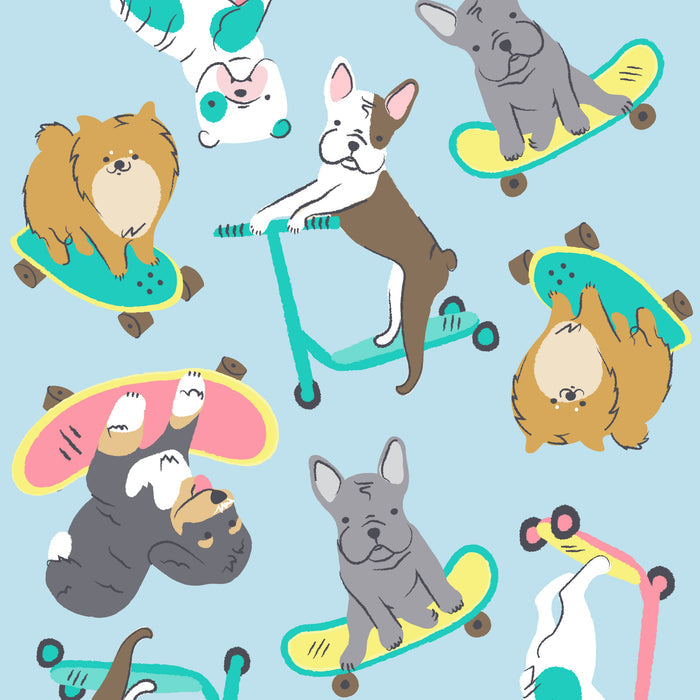 Illustration of various dogs playing with skateboards and scooters on a light blue background. Each playful pup, showcasing different breeds, seems as excited as toddlers in The Honest Companys Training Pants - 3T/4T learning new tricks.