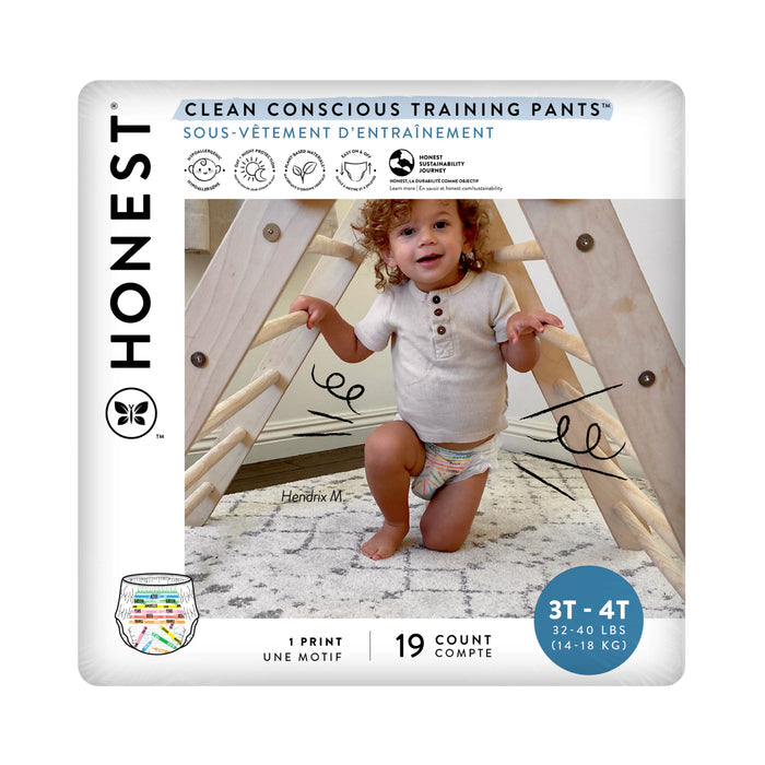 The Honest Companys Training Pants packaging features a toddler in a beige shirt and patterned pants with an absorbent core. It states its a 19-count for 3T-4T sizes (32-40 lbs, 14-18 kg), ideal for potty-training.