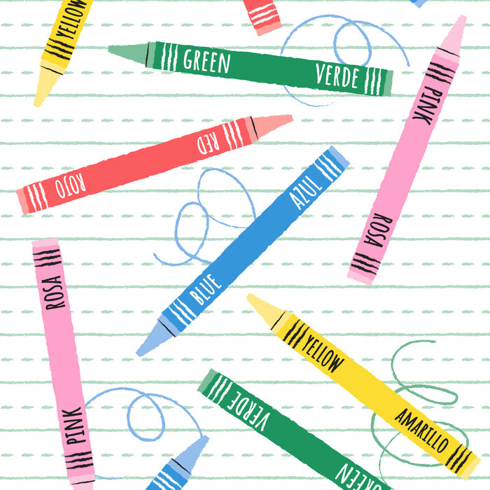 Training Pants - 4T/5T by The Honest Company feature scattered crayons on lined paper, representing the colorful potty-training journey. Each English-Spanish labeled crayon—pink, blue, red, green, yellow—is part of an absorbent core with curved lines resembling playful scribbles.