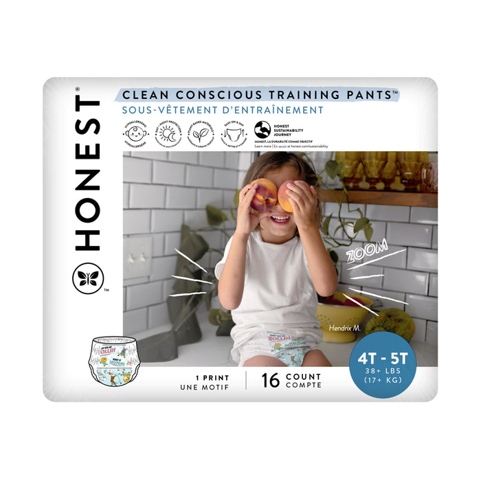 The Honest Company Training Pants 4T/5T are designed for potty-training children 38+ lbs. The package shows a child with peach halves over their eyes and highlights an absorbent core for extra protection.