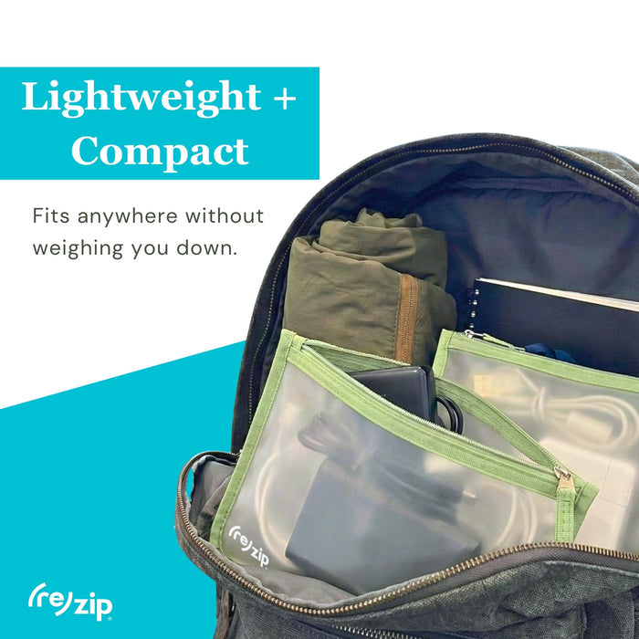 An open travel bag shows (re)zip Travel Organizer Zipper Bags - Medium, neatly storing essentials like electronics. Text: Lightweight + Compact. Fits anywhere without weighing you down. (re)zip logo visible.