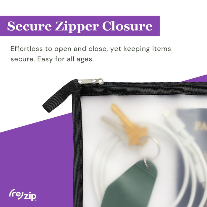 A close-up of a translucent (re)zip Travel Organizer Zipper Bag - Medium with a black zipper, holding keys, a cord, and a green tag. Text: Secure zipper closure—easy to open and close while keeping items safe for all ages.