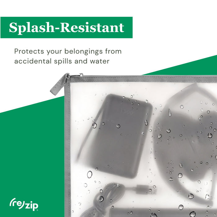 A semi-transparent (re)zip Travel Organizer Zipper Bag – Medium protects your electronics from spills with its splash-resistant surface. Logo shown bottom left. Text reads: Splash-Resistant—Shields your small essentials from water and accidental spills.