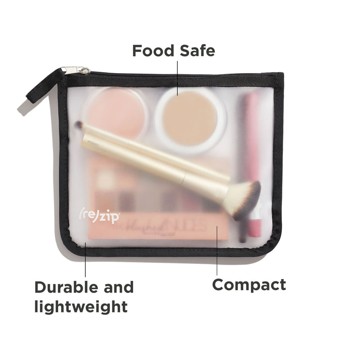 The (re)zip Travel Organizer Zipper Bag - Medium is a clear, zippered translucent bag for makeup, labeled with features: Food Safe at the top, Durable and lightweight bottom left, Compact bottom right.
