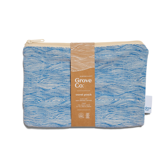 The eco-style Travel Pouch by Grove Co. features beige and blue wave patterns, a brown label, and is made from 100% organic cotton. It measures 9 x 7 and has a secure zipper closure.