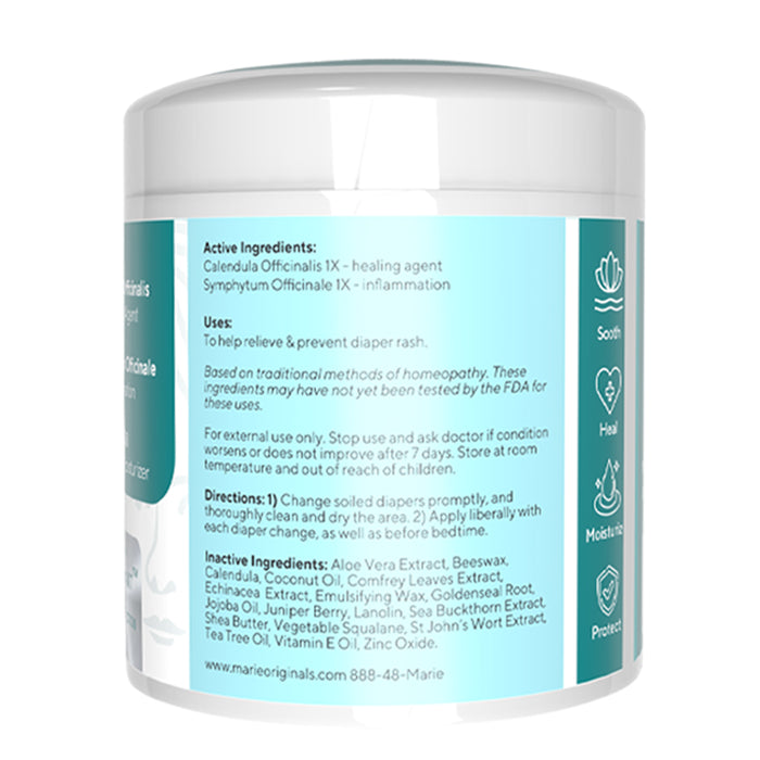 Marie Originals’ Triple Action Diaper Rash Ointment comes in a white jar with a teal label, listing actives, uses, directions, and inactives. Icons highlight its soothing, healing, moisturizing, and protective benefits for your baby’s skin.