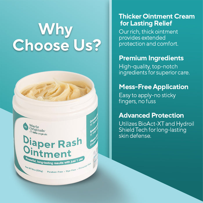 Open jar of Marie Originals Triple Action Diaper Rash Ointment on a teal background, with text emphasizing its thick formula, premium ingredients, easy application, and advanced skin protection for lasting baby relief.