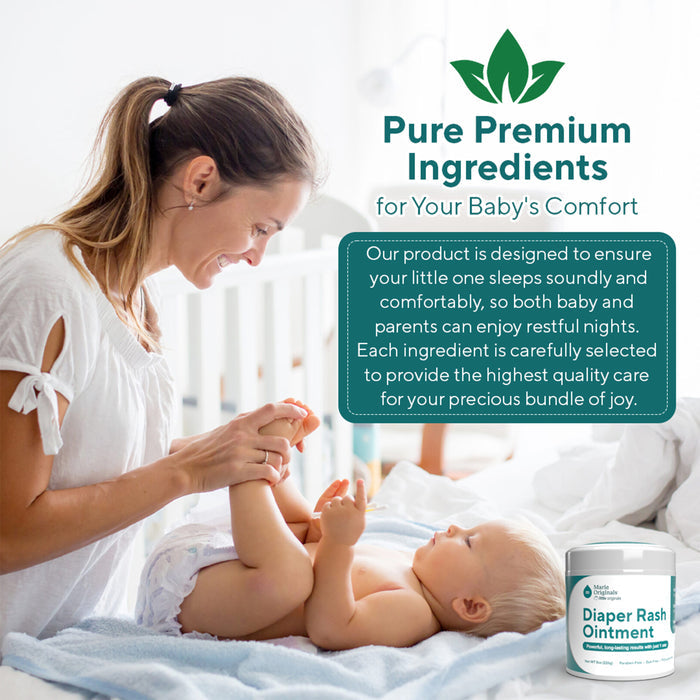 A smiling mother gently touches her baby’s feet while changing a diaper. Text highlights Marie Originals Triple Action Diaper Rash Ointment, made with pure premium ingredients for comfort. A jar of ointment is shown in the corner.