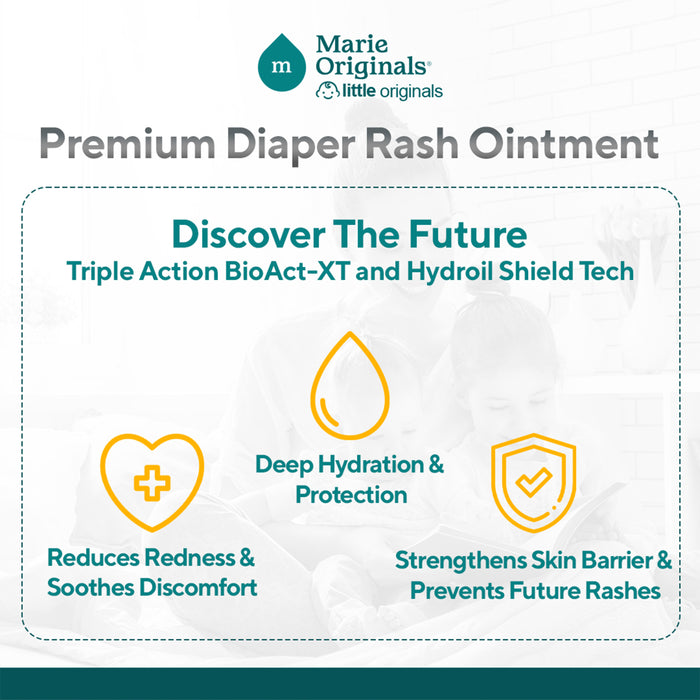 Marie Originals Triple Action Diaper Rash Ointment uses BioAct-XT and Hydrol Shield technology to hydrate deeply, protect baby skin, reduce redness, soothe discomfort, and strengthen the skin barrier.