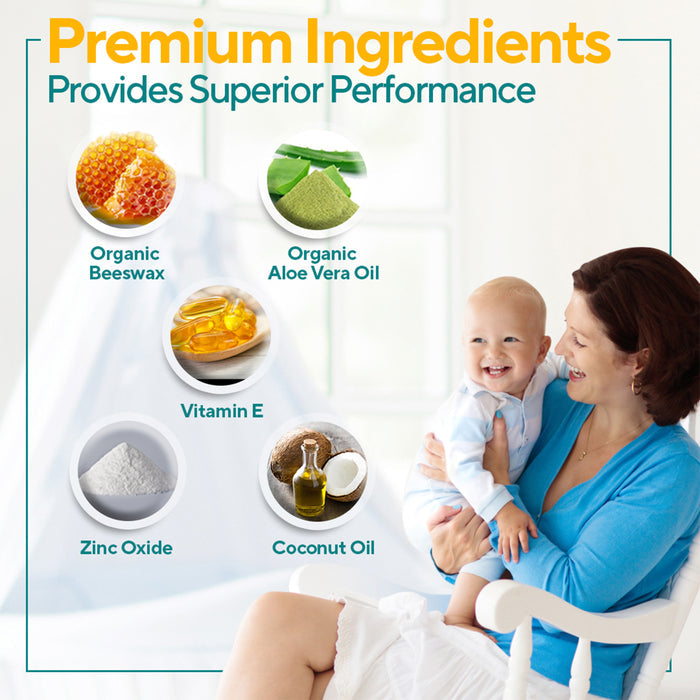 A smiling woman in a blue top holds a happy baby. Five icons highlight organic beeswax, organic aloe vera oil, vitamin E, zinc oxide, and coconut oil—key ingredients in Marie Originals’ Triple Action Diaper Rash Ointment.