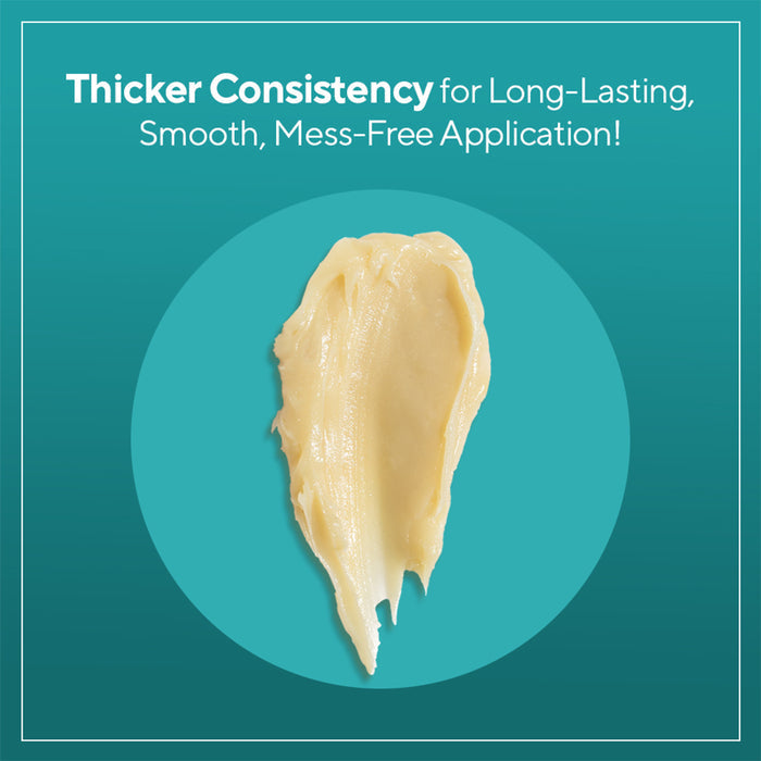 A dollop of Triple Action Diaper Rash Ointment by Marie Originals is shown on a teal background with the text: Thicker Consistency for Long-Lasting, Smooth, Mess-Free Application!.