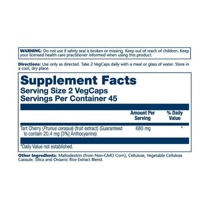 The Solaray Triple Strength Vital Extracts Tart Cherry, 680 mg label includes a Supplement Facts box. Serving size: 2 capsules; 45 servings/container. Features tart cherry extract for muscle recovery and anthocyanins, with ingredients like maltodextrin, cellulose, and silicon dioxide.