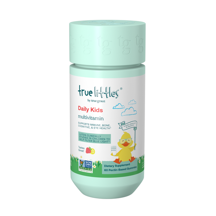 The light green True Littles Daily Kids Multivitamin by True Grace features a cartoon duck on its label. These non-GMO 60 pectin-based gummies support immunity, bone, and liver health with a strawberry lemonade flavor.