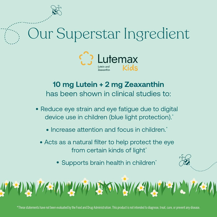 An infographic titled Our Superstar Ingredient features True Grace True Littles Daily Kids Multivitamin Gummies, showcasing 10 mg lutein + 2 mg zeaxanthin for kids’ eye and brain health, including reduced eye strain and better attention.