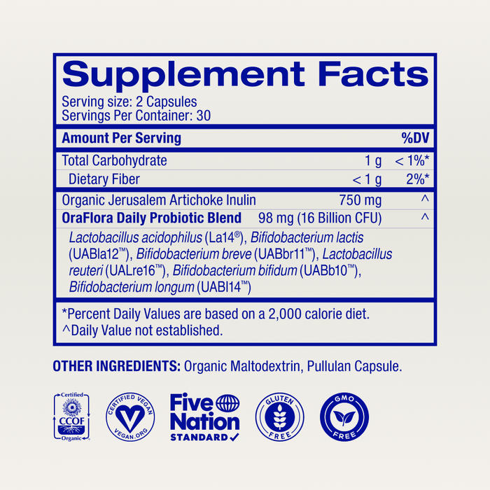 Ora Organic’s Trust Your Gut: Daily Pre + Probiotic Capsule Supplement Facts label shows serving size, servings per container, ingredients, daily values, and certifications—USDA Organic, Non-GMO, Vegan & Gluten-Free—to support gut health.