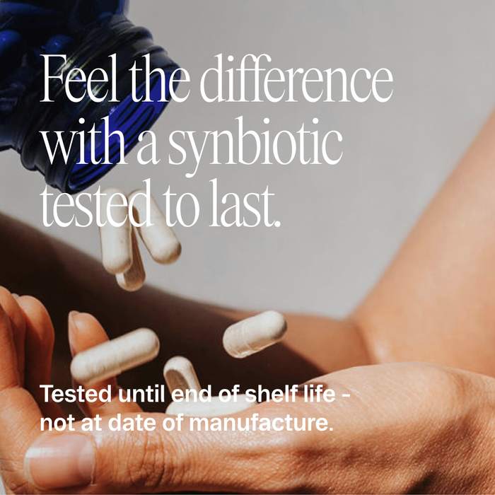 A hand pours white capsules from a brown bottle. Bold text: Trust Your Gut: Daily Pre + Probiotic Capsule by Ora Organic—feel the difference with a gut health synbiotic tested to last. Below: Tested until end of shelf life, not at manufacture.