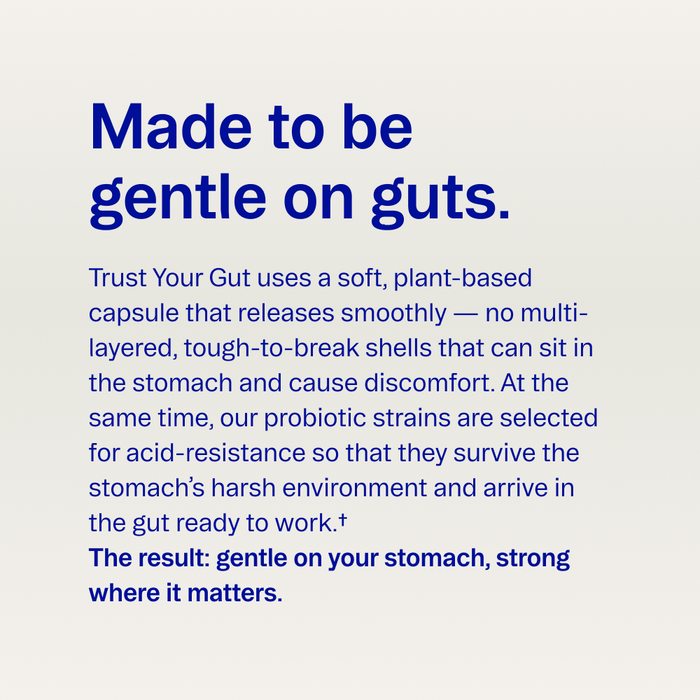 Text reads: Trust Your Gut: Daily Pre + Probiotic Capsule by Ora Organic—plant-based, acid-resistant, and gentle on digestion—supports gut health with strong, effective synbiotic comfort where it matters most.