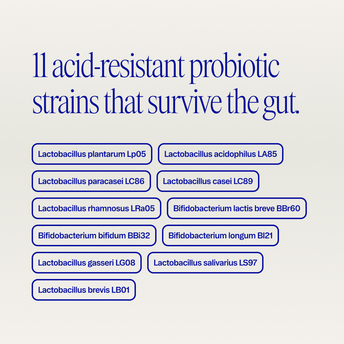 Text on image lists 11 acid-resistant probiotic strains, including Lactobacillus and Bifidobacterium species, in blue boxes—showcasing Ora Organic Trust Your Gut: High Potency Pre + Probiotic Capsules for effective microbiome recovery.