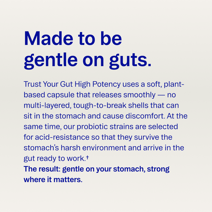 Text reads: Ora Organic’s Trust Your Gut: High Potency Pre + Probiotic Capsules feature a plant-based capsule for smooth release—gentle on your stomach, yet strong where it matters.