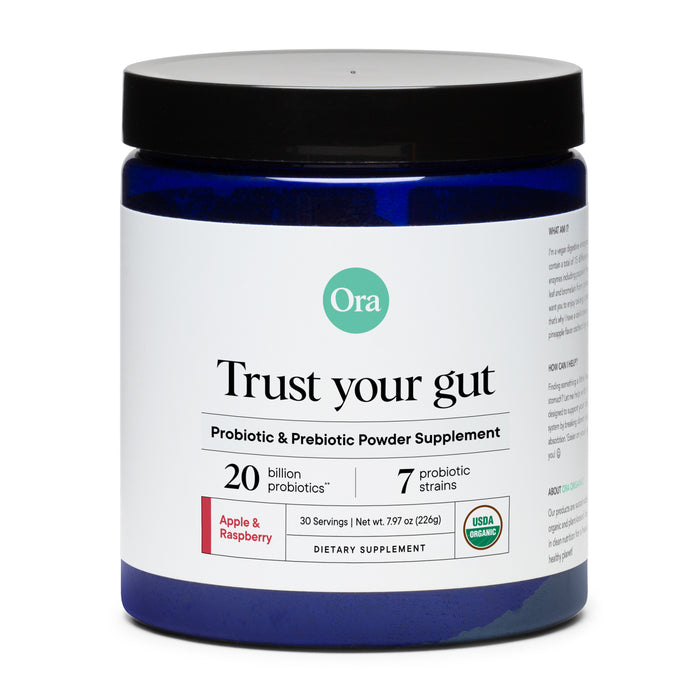 A blue jar with a black lid, Ora Organic’s Probiotic & Prebiotic Powder Supplement has 20 billion probiotics, 7 strains, prebiotics for digestion and immune support, apple & raspberry flavor, and is USDA organic.
