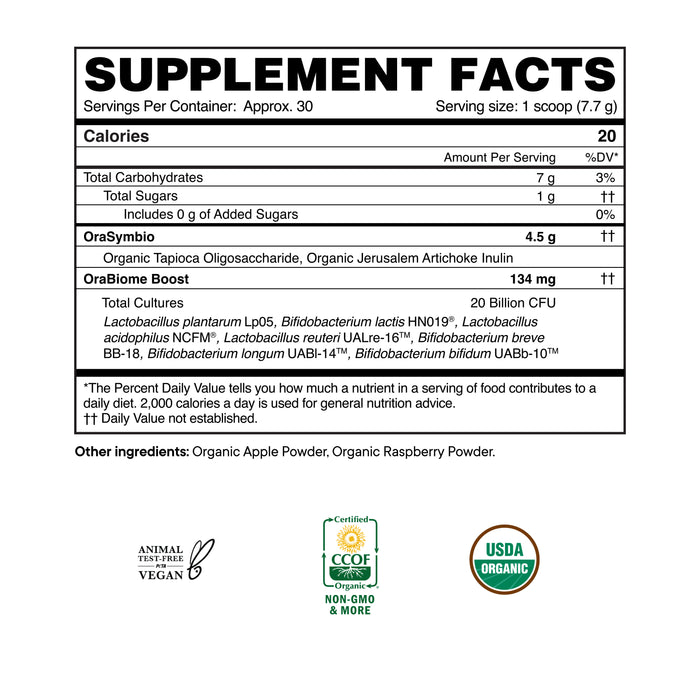 Ora Organic Probiotic & Prebiotic Powder Supplement features a Supplement Facts label with serving size, calories, carbs, sugars, OraSymbiome and OraBiome Boost blends; it's vegan, organic, USDA organic—ideal for digestion and immune support.