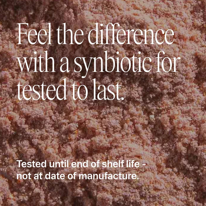 A close-up of Ora Organic Probiotic & Prebiotic Powder Supplement with white text: Feel the difference with synbiotic immune support. Tested through end of shelf life—not just at manufacture.