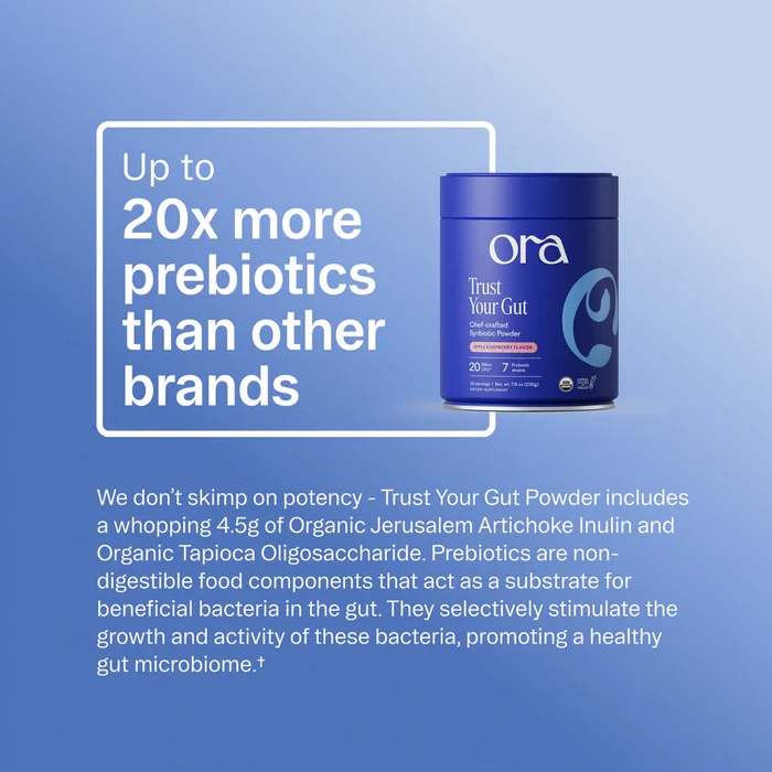 A blue container of Ora Organic Probiotic & Prebiotic Powder Supplement sits on a gradient blue background. White text reads: Up to 20x more prebiotics for digestion vs other brands, plus immune support and premium ingredients.