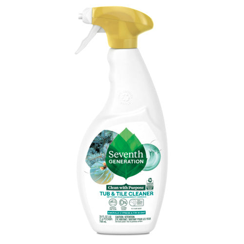 A white Seventh Generation Tub & Tile Cleaner spray bottle with a yellow nozzle and a green label decorated with leaves and lemon slices.