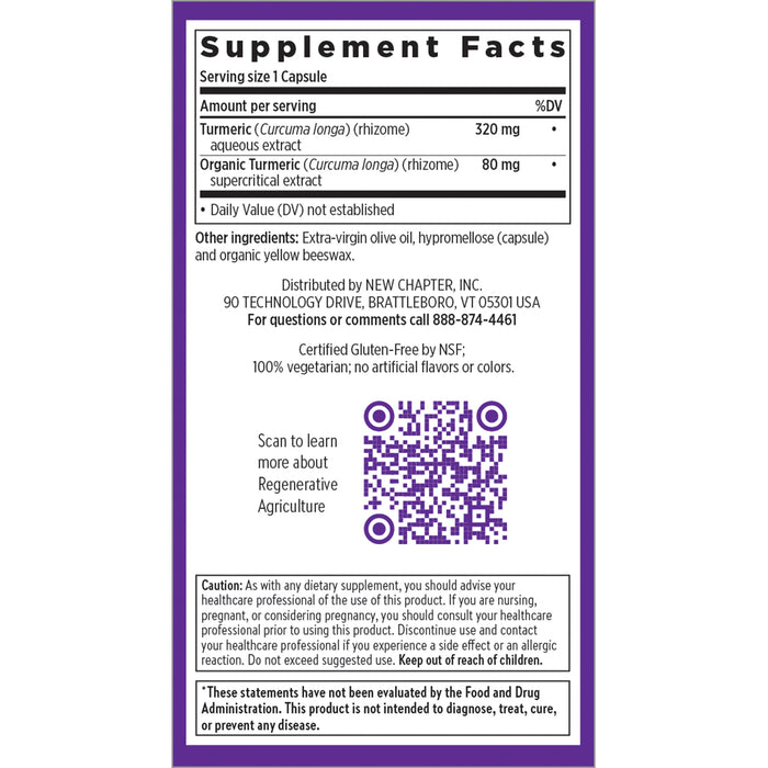 The Turmeric Force™ capsule by New Chapter features a supplement facts label for healthy inflammation response. It includes 320 mg aqueous and 80 mg supercritical Curcuma longa extracts rich in curcumin, with extra-virgin olive oil, certified gluten-free and vegetarian. Warning noted.