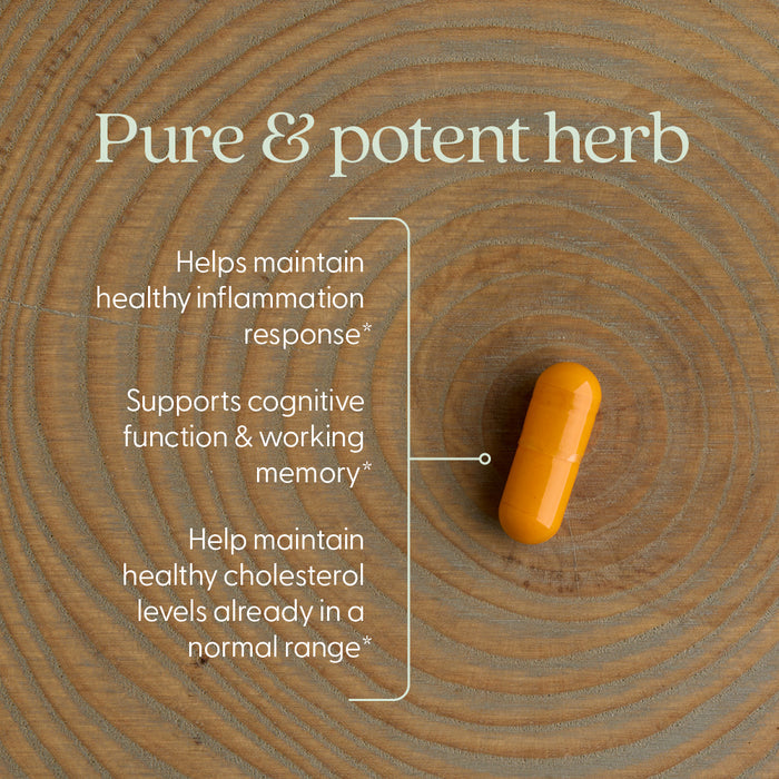 A single orange capsule on a circular wooden surface, featuring text: New Chapter Turmeric Force™—supports healthy inflammation response, cognitive function, and cholesterol levels with pure & potent herb.