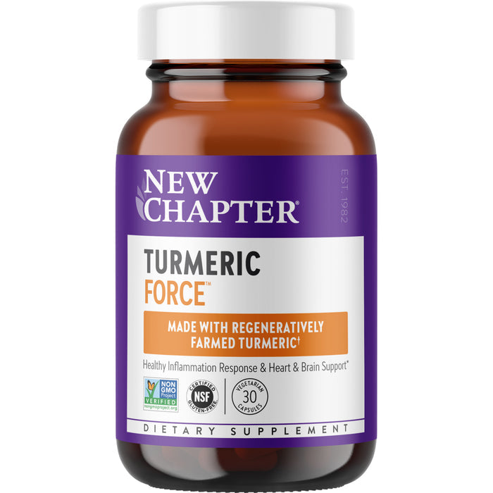 A brown bottle of New Chapter Turmeric Force dietary supplement with a purple label, highlighting healthy inflammation response, heart and brain support, Turmerones, Curcumin, and Non-GMO plus NSF certifications.