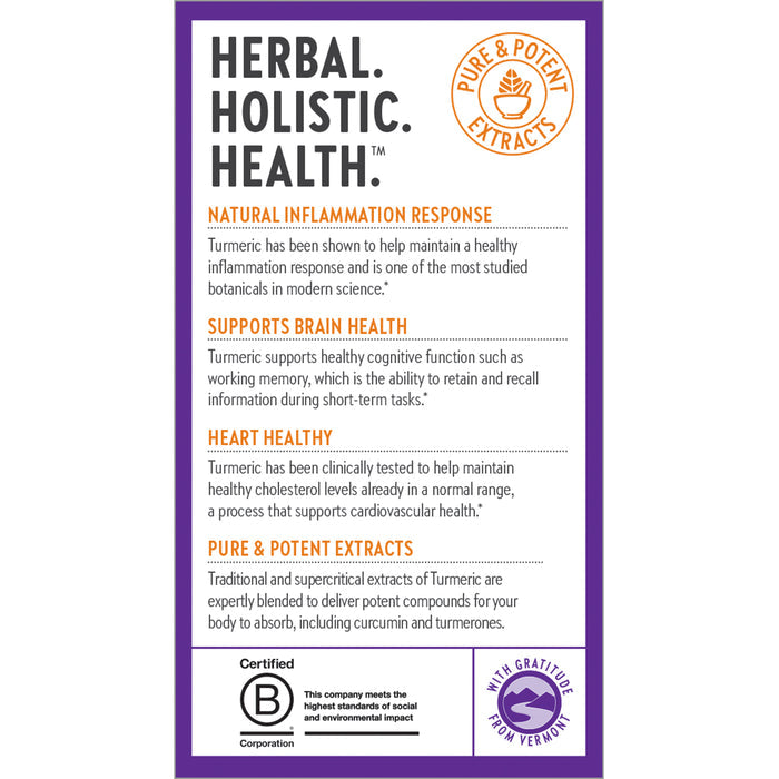 The New Chapter Turmeric Force label, titled Herbal. Holistic. Health., promotes turmeric’s inflammation support and benefits for heart and brain health, featuring potent curcumin extracts, certification, and a “Pure & Potent Extracts” emblem.