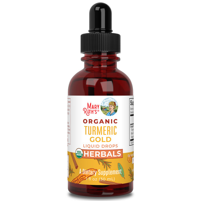 MaryRuths Turmeric Gold Drops, in a 30 mL amber bottle with a black dropper cap, supports immunity. The label displays turmeric imagery, HERBALS, A Dietary Supplement, and a USDA Organic seal.
