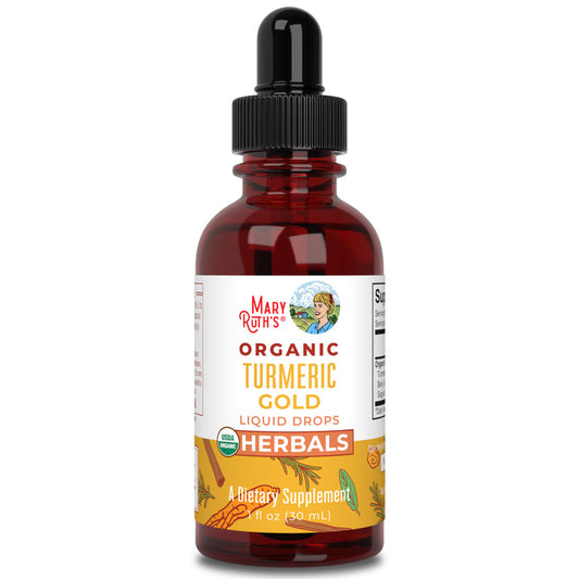 MaryRuths Turmeric Gold Drops, in a 30 mL amber bottle with a black dropper cap, supports immunity. The label displays turmeric imagery, HERBALS, A Dietary Supplement, and a USDA Organic seal.