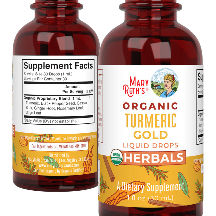 Two bottles of MaryRuths Turmeric Gold Drops. One shows the USDA Organic label, and the other displays supplement facts with immune-supporting ingredients: turmeric, black pepper seed, and rosemary leaf, making it a top dietary supplement choice.