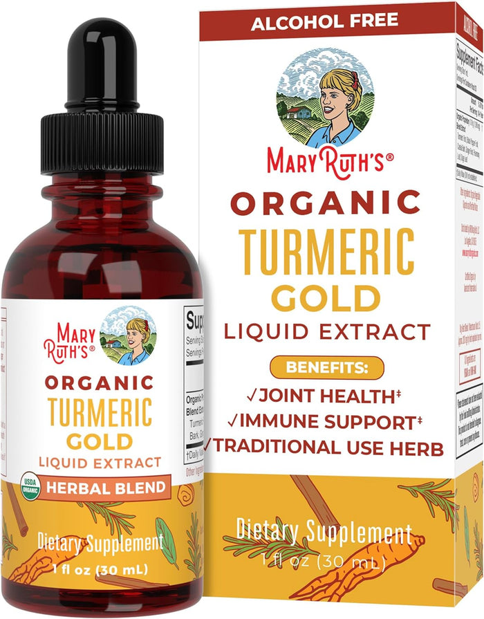 The image shows a bottle and box of MaryRuths Turmeric Gold Drops, an alcohol-free supplement known for immune support and joint health. Each 1 fl oz bottle provides turmerics traditional spice in a convenient liquid form.