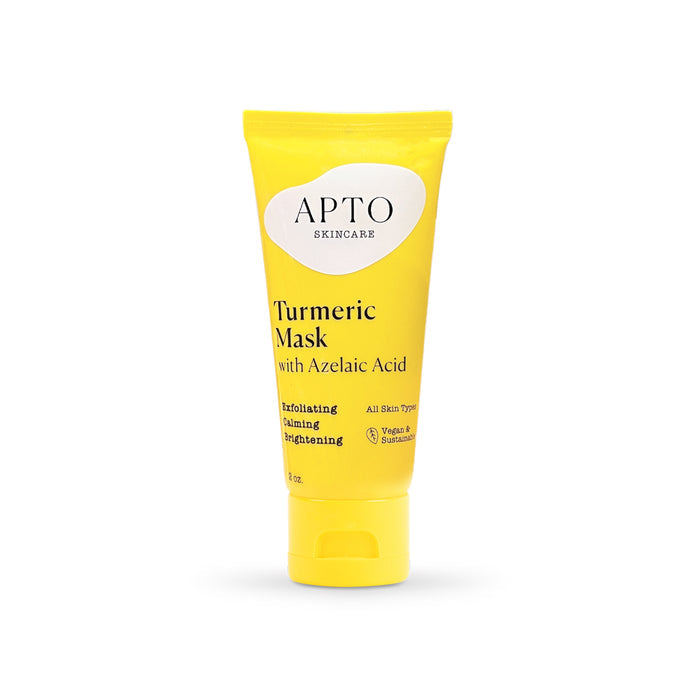 A yellow 2 oz tube of APTO Skincares Turmeric Mask with Azelaic Acid, renowned for its cruelty-free formula, promotes exfoliating, calming, and brightening benefits for all skin types.