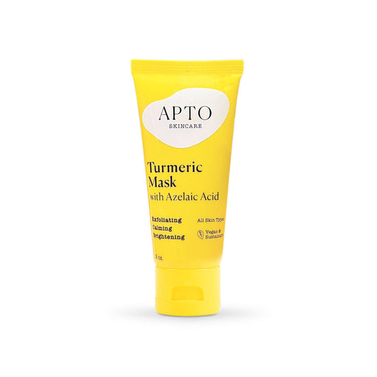 A yellow 2 oz tube of APTO Skincares Turmeric Mask with Azelaic Acid, renowned for its cruelty-free formula, promotes exfoliating, calming, and brightening benefits for all skin types.