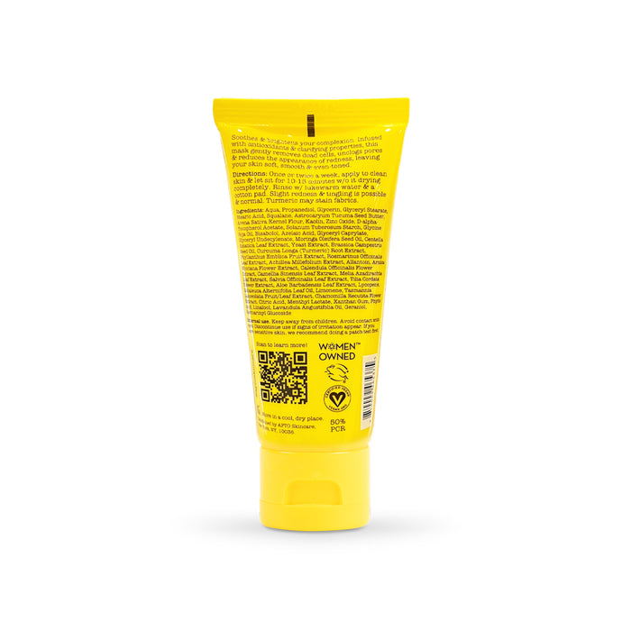 The APTO Skincare Turmeric Mask with Azelaic Acid features a yellow tube with a flip-top cap displaying text, symbols, QR codes, and labels for recycling, vegan-friendly, and cruelty-free products. The women-owned brand highlights Azelaic Acid on its white-background packaging.